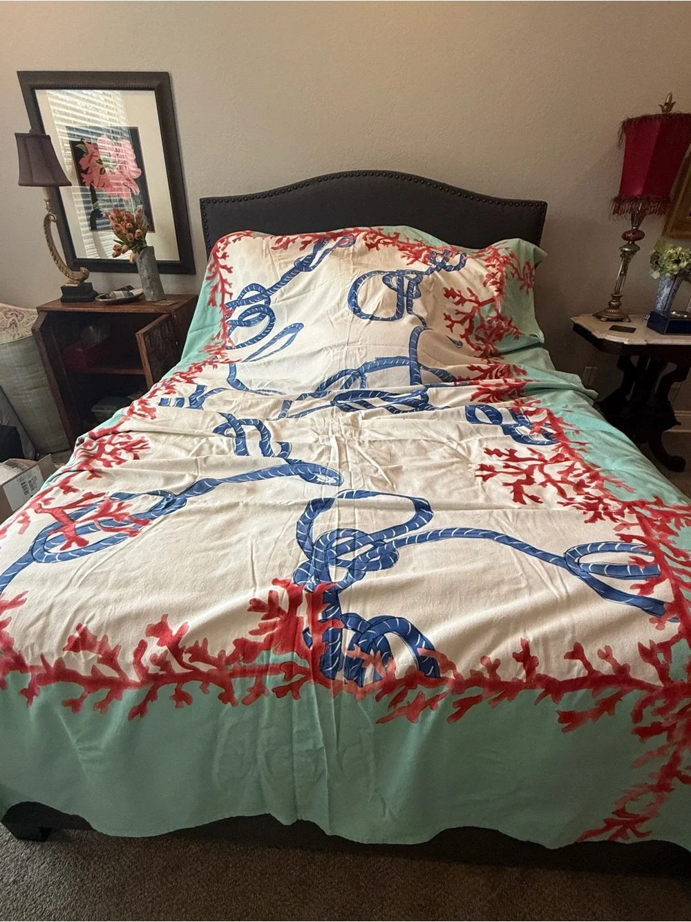 Coastal Rope & Coral Table Cloth - Blue, Red, Mint